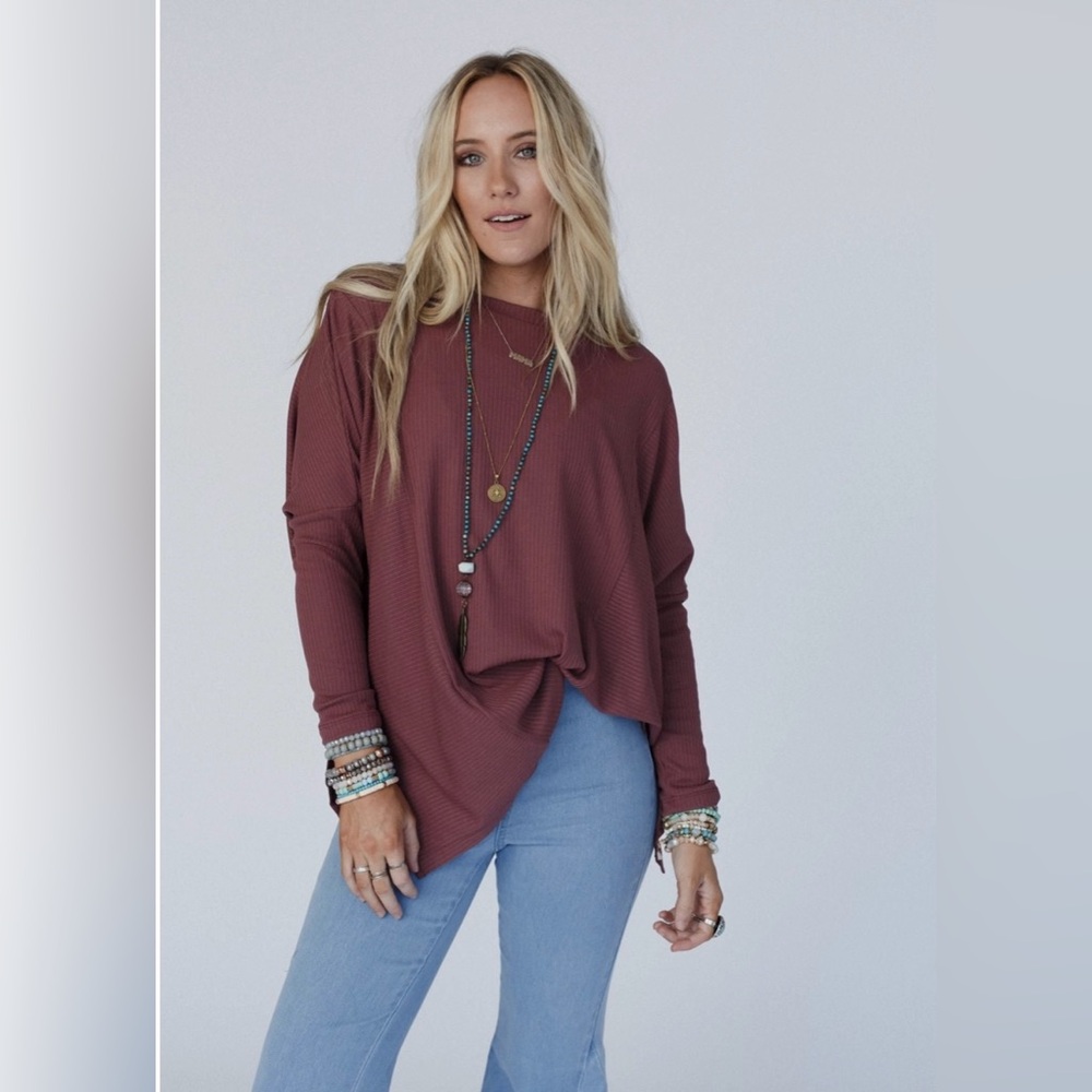 Three Bird Nest Mauve Ribbed Long Sleeve Top
